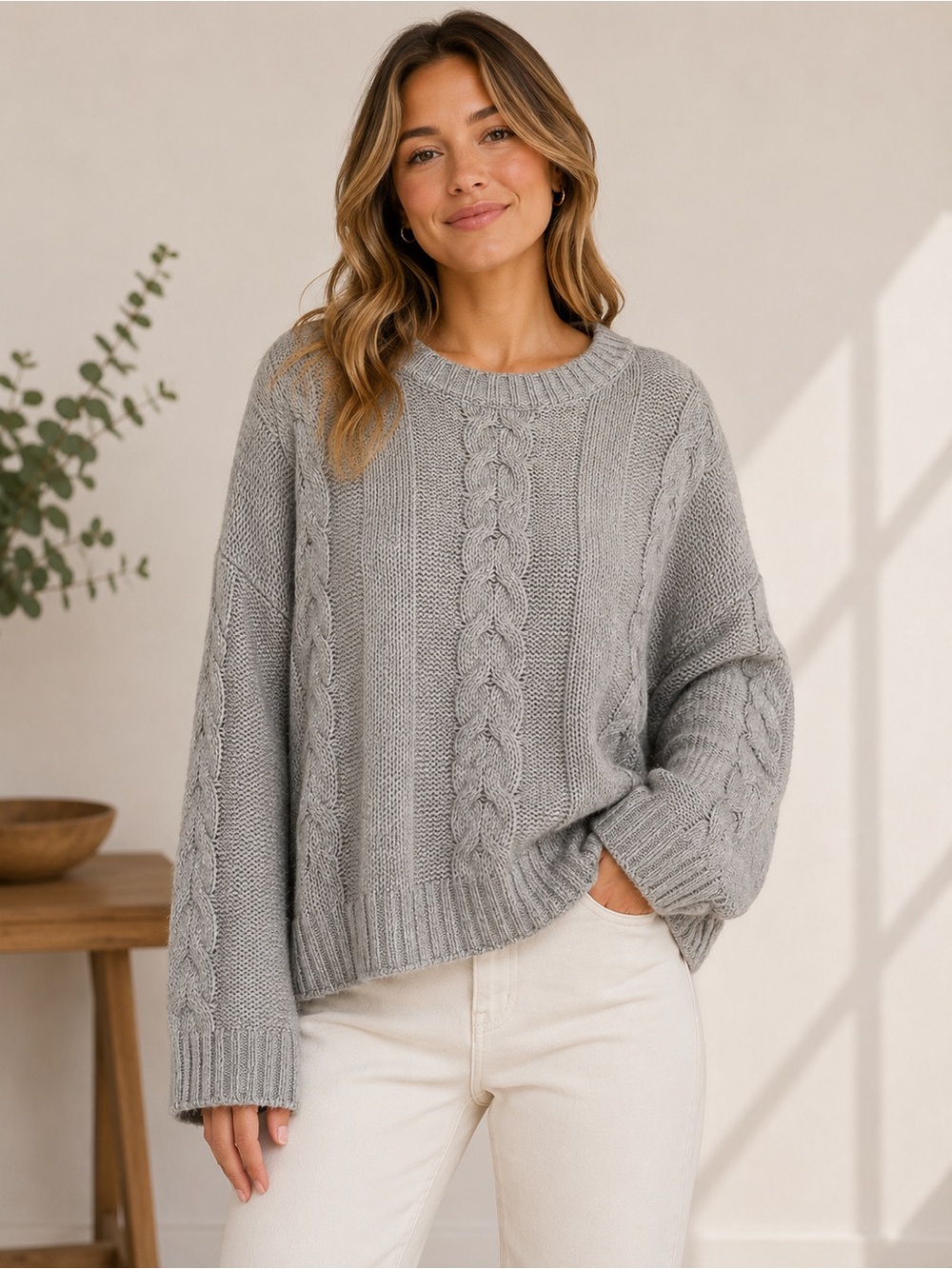 Banana Republic Gray Cable Knit Crewneck Sweater Size Large